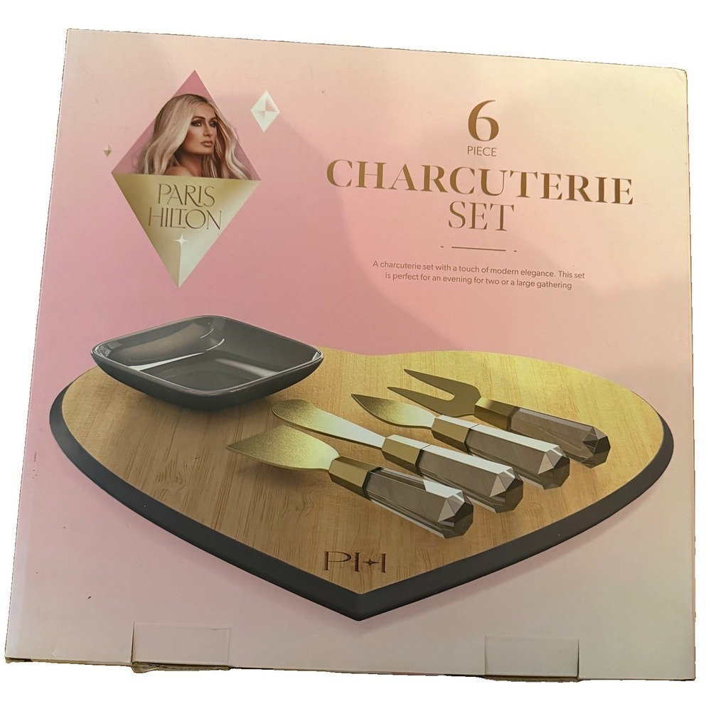 Paris Hilton 6 Piece Charcuterie Set Heart Bamboo Board Cheese Knives Gray NIB